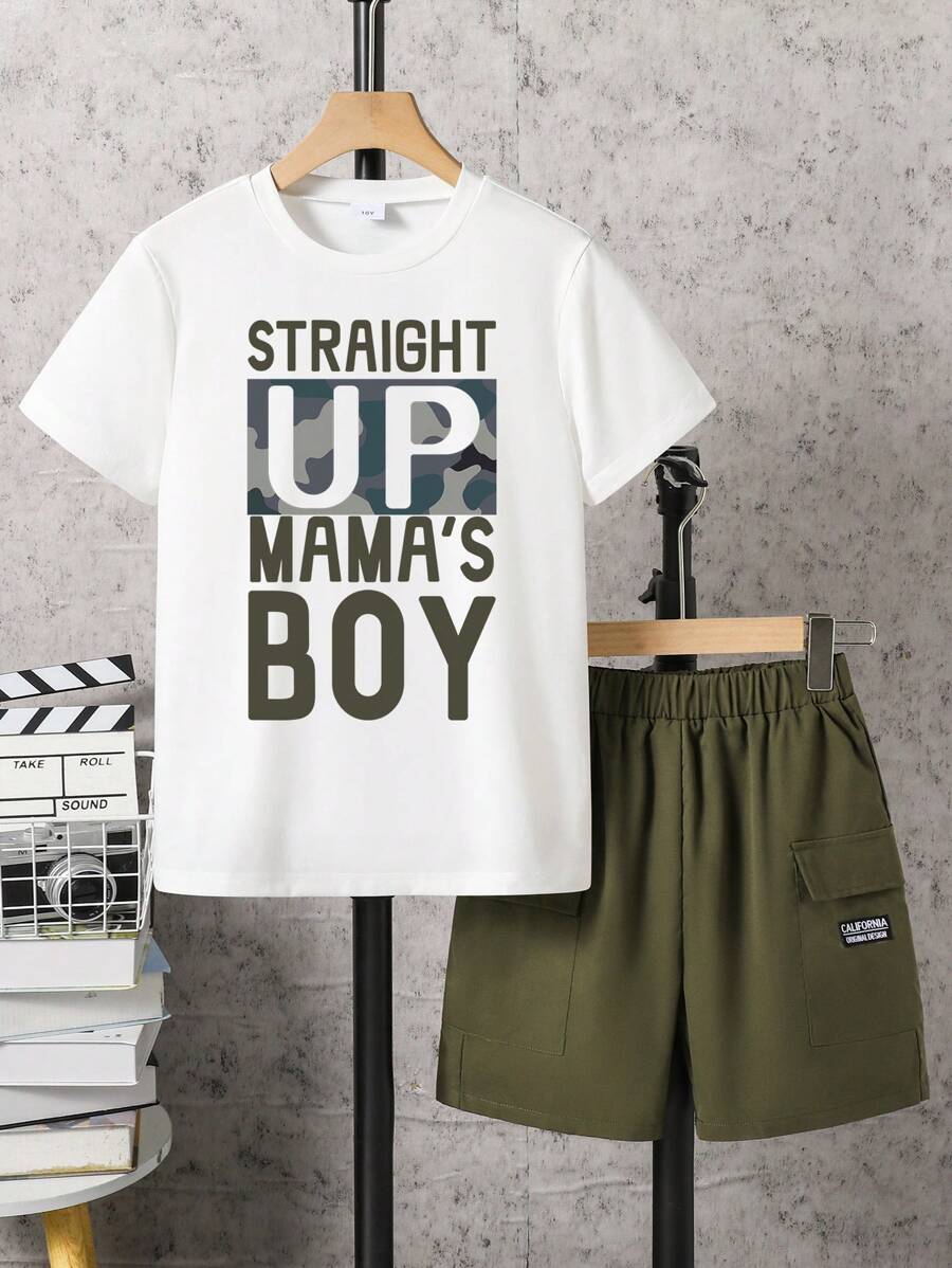 2 Stücke Set mit Buchstaben Grafik T-Shirt mit Kurzarm und einfarbiger Cargo-Shorts für Kleinkindjungen
