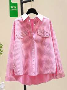 Camisa feminina listrada casual solta de manga comprida para o outono