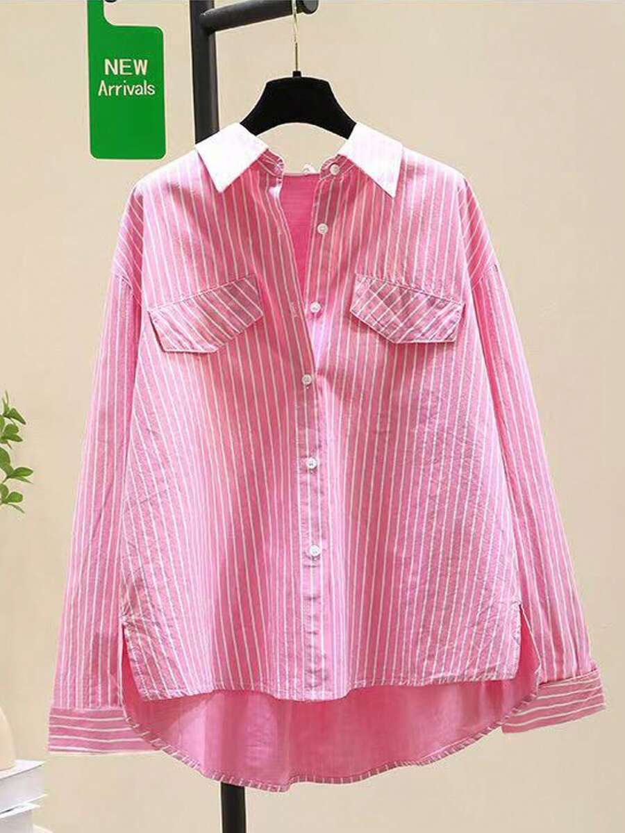 Camisa feminina listrada casual solta de manga comprida para o outono