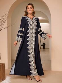Women's Orientation Printed Robe Long Sleeve Loose Dress - Navy Blue - View 1