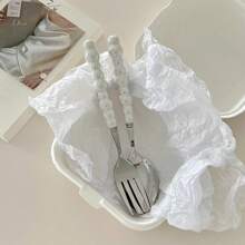 2pcs Macaron Pearl Spoon & Fork, Ceramic Spoon & Fork, Dessert Spoon Portable Cutlery Set, Soup Spoon Camping Utensils