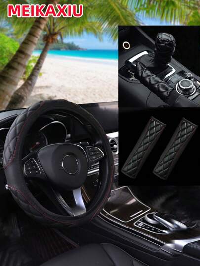 MEIKAXIU Juego de 5 Piezas de Cubierta de Volante de Coche, Cubierta de Hombro, Cubierta de Freno de Mano, Cubierta de Palanca de Cambios Nappa Acolchado con Bordado, Apto para Volantes de 14.5-15 pulgadas, Accesorios de Interior de Coche