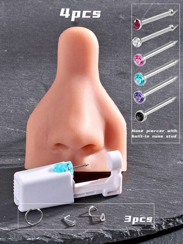 4 pièces/set Pistolet de perçage nasal stérile, perçeur nasal à usage unique avec faible douleur avec clous de nez intégrés en rose/blanc/noir/violet/turquoise/rouge, 20G (3 pièces d'anneaux de nez en acier inoxydable en forme d'étoiles/cœurs/C), outils et accessoires de perçage pour hommes, femmes et élèves