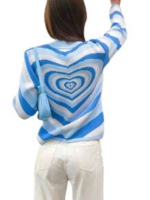 Women Love Heart Print Sweater, Long Sleeve O-neck Knitted Pullover for Winter, Autumn - Azul - Ver 10