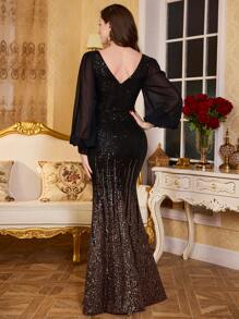UNITHORSE Elegant V-Neck Chiffon Lantern Sleeve Sparkling Ruched Waist Formal Evening Gown Black Wedding Party Fall - Black - View 2