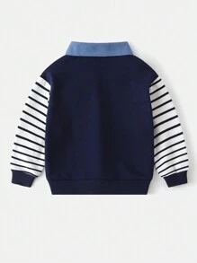 Young Boy Dinosaur Decor Patchwork Sleeve Turndown Collar Sweatshirt, Spring