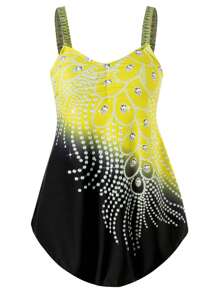 Women Plus Size One-Piece Swimsuit With Rhinestones Contrast Color Swimwear,Sizes S-6XL - Yellow - View 3