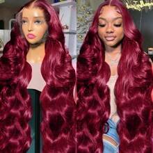 Burgundy Synthetic Lace Front Wig Long Wavy Middle Part Lace Wigs 99J Red Body Wave Pre Plucked HD Lace Wigs For Women Glueless Natural Wave For Daily Party Use 26inch - 酒紅色 - 查看 2