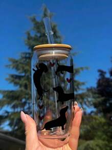 1PC17 Oz Kubek ze słomką do parzenia z pokrywką, Uroczy kubek w kształcie słoika z jamnikiem i sercem, Prezent świąteczny dla rodziny i przyjaciół, Kubek do mrożonej kawy, Herbata, Sok, Mleko, Prezent urodzinowy, Napój, Wielokrotnego użytku kubek do herbaty owocowej z pokrywką bambusową i szklaną słomką, Szklany słoik w kształcie słoika, Prezent dla chłopaka, ojca, matki, Nadaje się na prezent na przyjęcie walentynkowe,