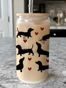 1PC17 Oz Kubek ze słomką do parzenia z pokrywką, Uroczy kubek w kształcie słoika z jamnikiem i sercem, Prezent świąteczny dla rodziny i przyjaciół, Kubek do mrożonej kawy, Herbata, Sok, Mleko, Prezent urodzinowy, Napój, Wielokrotnego użytku kubek do herbaty owocowej z pokrywką bambusową i szklaną słomką, Szklany słoik w kształcie słoika, Prezent dla chłopaka, ojca, matki, Nadaje się na prezent na przyjęcie walentynkowe,