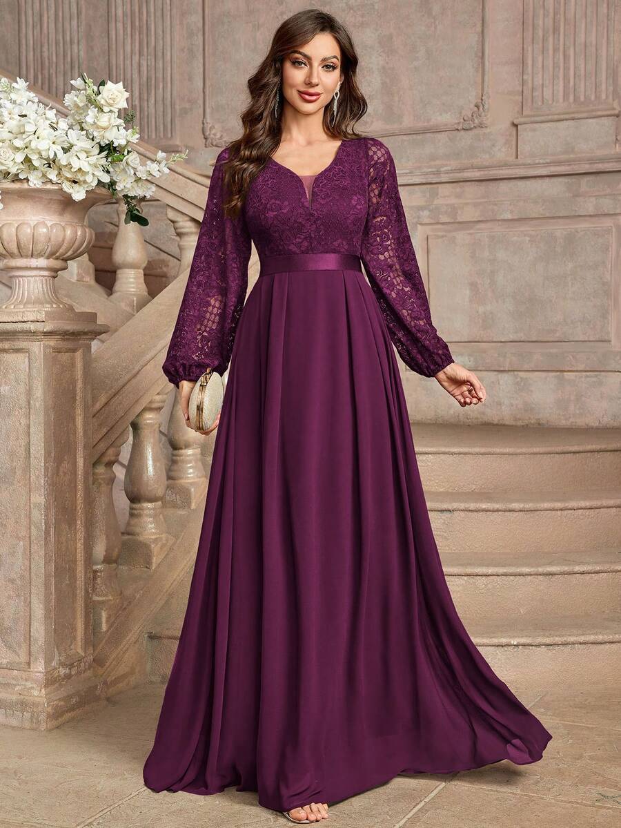 Elisanya 优雅花卉蕾丝深 V 领灯笼袖褶皱下摆晚会长裙