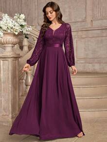 Elisanya 优雅花卉蕾丝深 V 领灯笼袖褶皱下摆晚会长裙 - 紫紅色 - 查看 6