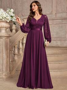 Elisanya 优雅花卉蕾丝深 V 领灯笼袖褶皱下摆晚会长裙 - 紫紅色 - 查看 5
