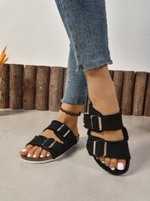 New Fashion Purple Soft Cork Base Women Flat Single Buckle Mule Sandals, Suitable For Outdoor Activities And Beach. Spring/Summer, Thick Soft Cork Sole And Single Strap Slippers - Black - View 3
