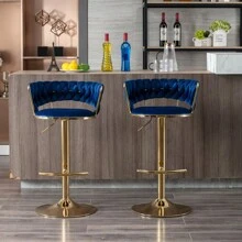 Set Of 2  Bar Stools,With Chrome Footrest And Base Swivel Height Adjustable Mechanical Lifting Velvet + Golden Leg Simple Bar Stool-BLUE