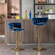 Set Of 2  Bar Stools,With Chrome Footrest And Base Swivel Height Adjustable Mechanical Lifting Velvet + Golden Leg Simple Bar Stool-BLUE