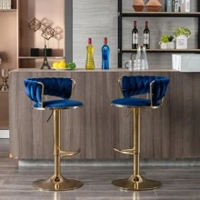 Set Of 2  Bar Stools,With Chrome Footrest And Base Swivel Height Adjustable Mechanical Lifting Velvet + Golden Leg Simple Bar Stool-BLUE