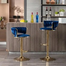 Set Of 2  Bar Stools,With Chrome Footrest And Base Swivel Height Adjustable Mechanical Lifting Velvet + Golden Leg Simple Bar Stool-BLUE