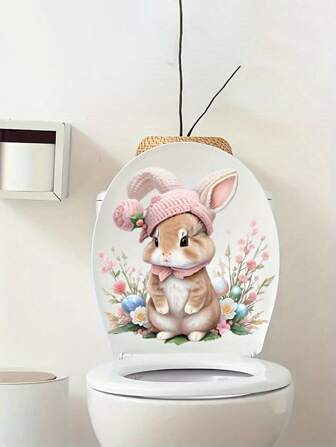 1 件可爱戴帽子兔子马桶贴 - 易于粘贴，可移除家居装饰浴室墙贴复活节贴纸个性化贴纸