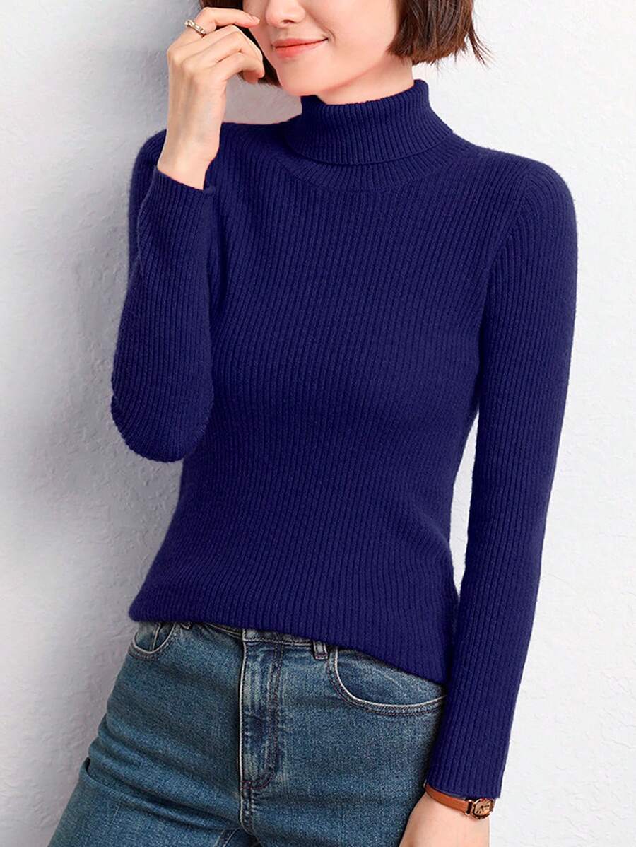 Long Sleeve Knitted Turtleneck Sweater, High Neck Slim Fit Thermal Shirt - 藍色 - 查看 1