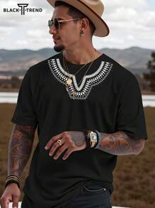 Men Fashion Men's Folk Printed Short-Sleeved T-Shirts For Men And Women Retro Short-Sleeved, Paired With Casual Pants, Suitable For Travel/Vacation/Outdoor Camping/Sports - Black - View 1