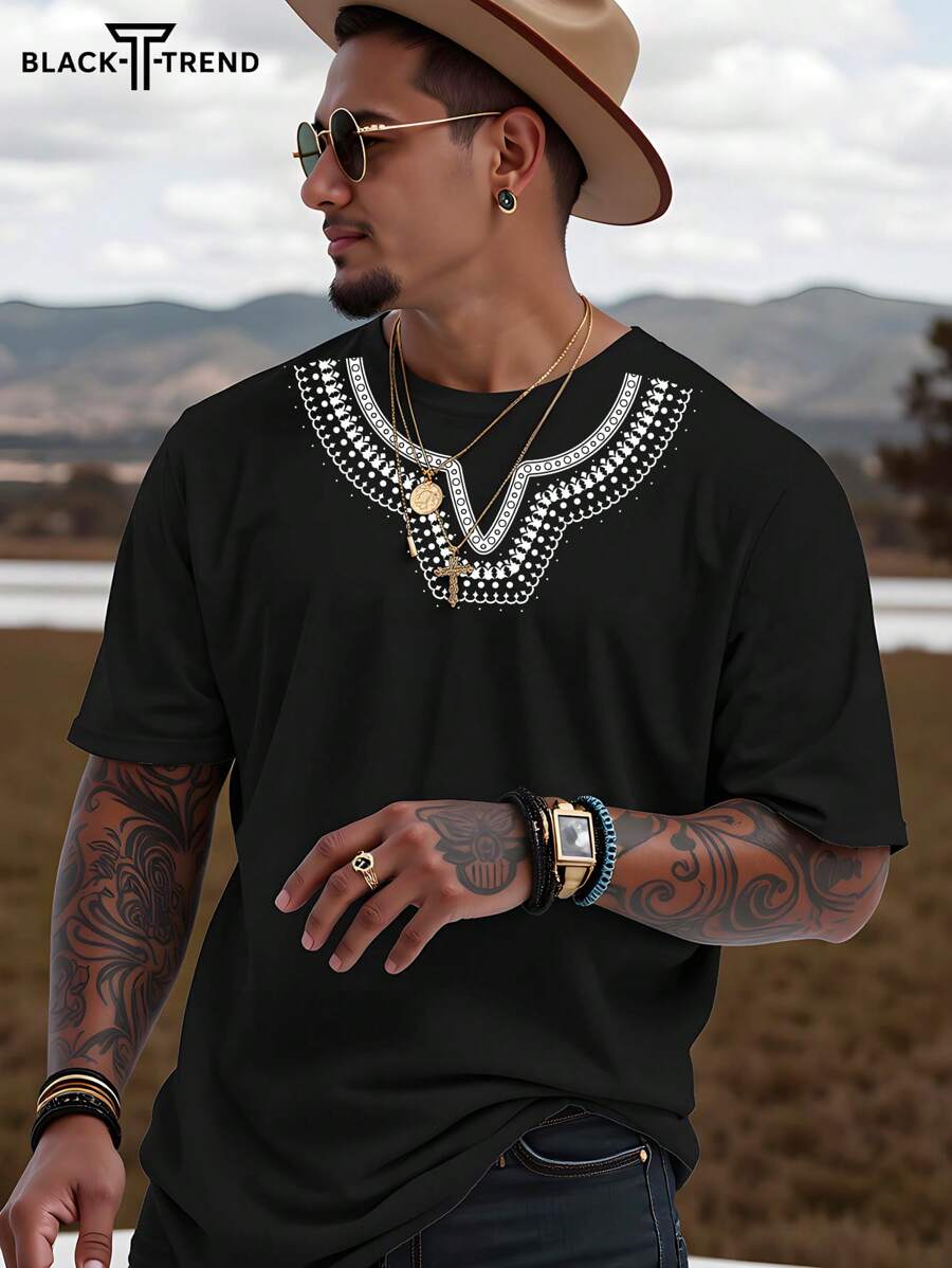 Men Fashion Men's Folk Printed Short-Sleeved T-Shirts For Men And Women Retro Short-Sleeved, Paired With Casual Pants, Suitable For Travel/Vacation/Outdoor Camping/Sports - Black - View 1