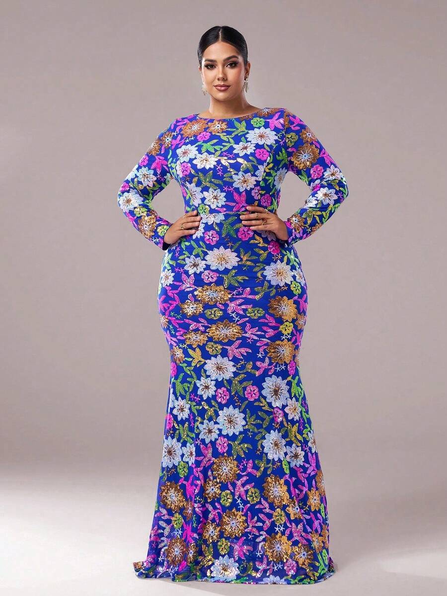 seomiscky Plus Size Long Sleeve Sequined Floral Print Bodycon Evening Gown, Party Dress, Wedding Guest Dress, Formal Dress, Evening Dress