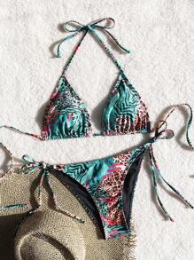 Sexy Criss-Cross Backless Spaghetti Strap One-Piece Swimsuit, Sexy Leopard Print Spaghetti Strap Tie Bikini Set, Popular European And American Style Swimwear - Green - View 3