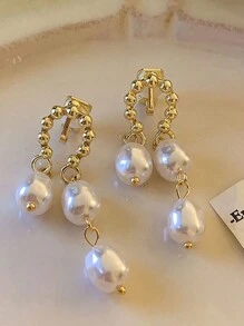 2pcs Korean Retro Faux Pearl Clip-On Earrings, Minimalist Non-Pierced Layered Design