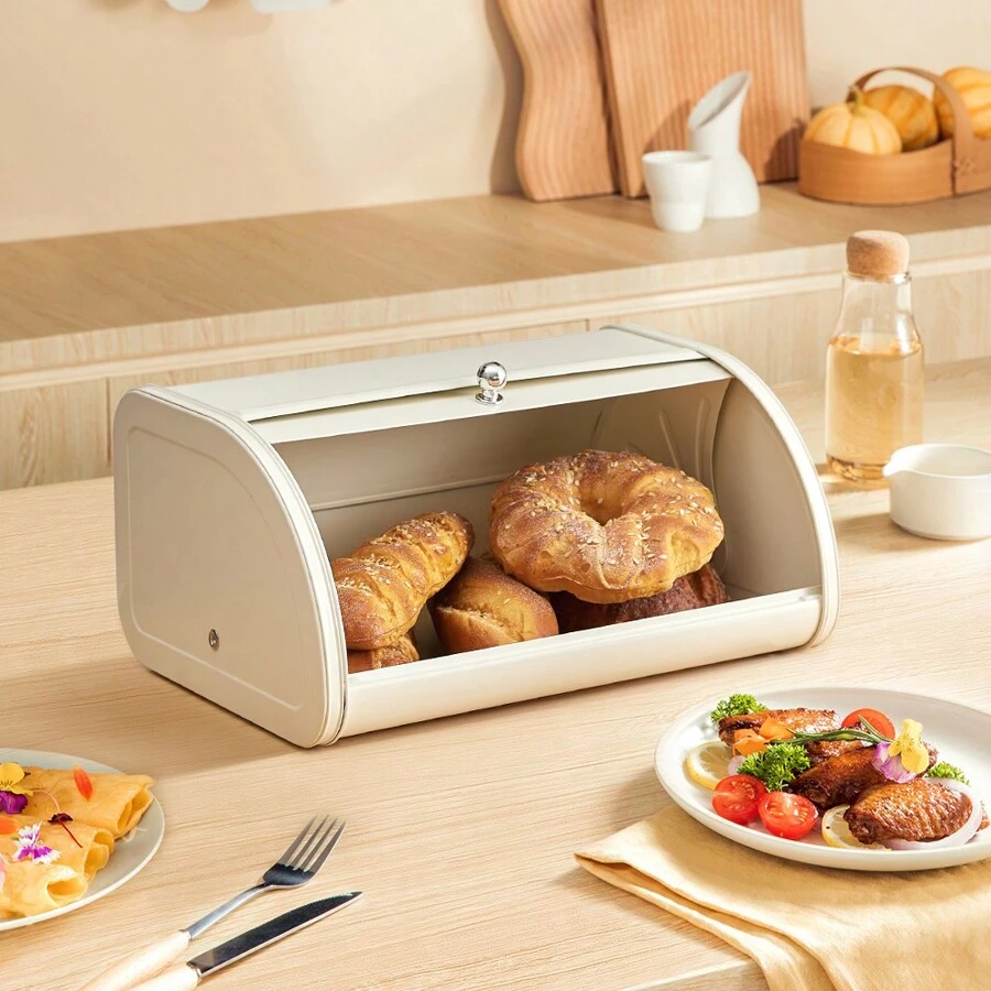 Living And Home Metal Roll Top Bread Container For Kitchen Countertop - White 35cm W X 26cm D X 17cm H - View 1
