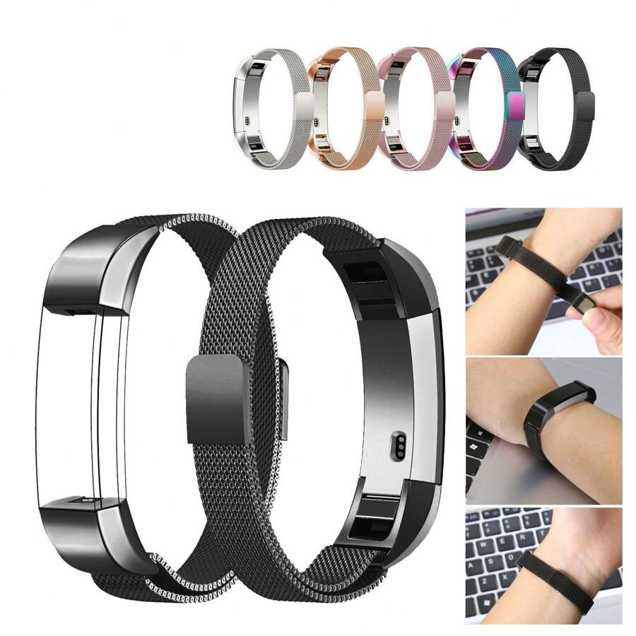 2X Magnetic Milanese Watch Band Strap Replacement For Fitbit Alta Watch, Stainless Steel - Black - View 1