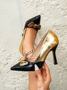 Women's High Heel Shoes, Black & Golden Color Lace-Up Popular Pumps, 8.5cm High Heels, Fashion Sexy Mules Formal Dress Shoes For Job Interview, Comfortable And Stylish Party Evening Shoes, Plus Size - Multicolor - View 5