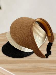 1 pieza Visera de sol de paja de moda para mujer Sombrero de ala ancha enrollable y plegable para playa de verano