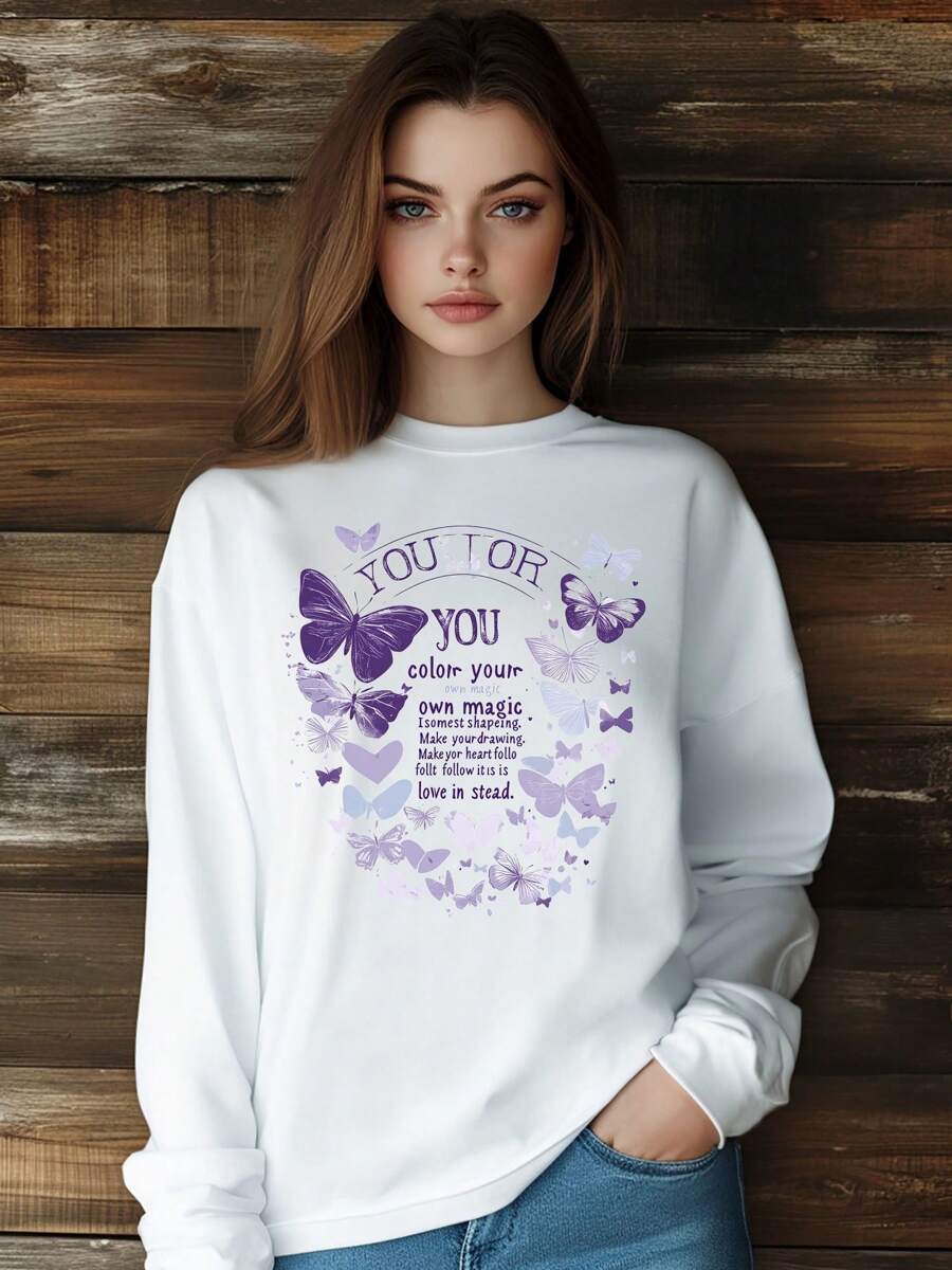 Women Beautiful Butterfly Fresh Flowers Brave T-Shirt Fashion Print Short Sleeve Round-Neck Loose Fit Tops Streetwear