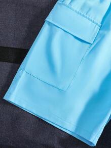 2pcs Tween Boy Letter Print Short Sleeve T-Shirt And Solid Color Cargo Shorts Set - Baby Blue - View 6