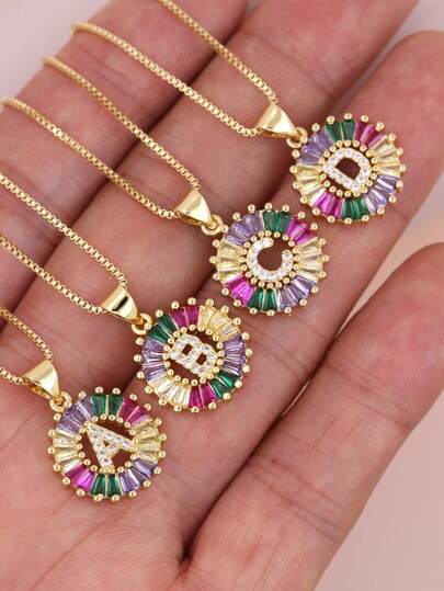 奢华微镶彩虹锆石镀金字母吊坠，女士首字母时尚珠宝吊坠