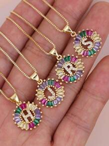Pingente de Letra Folheado a Ouro com Micro Pavê de CZ Arco-íris, Joias da Moda, Pingentes e Encantos com Inicial para Mulheres