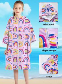 1pc Kids Girls Microfiber Quick Dry With Zipper And Hood Wearable Beach Towel, Waterproof Windbreaker For Swimming Pool, Beach, Rainbow, Watermelon, Leaves Design - Multicolor - View 5