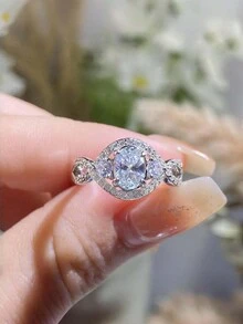 1 chiếc nhẫn thiết kế hình hoa xoắn kim cương Moissanite 1ct hình bầu dục, sang trọng và thời trang dành cho phụ nữ, thích hợp để đeo hàng ngày, món quà tuyệt vời cho ngày lễ tình nhân, giáng sinh, đính hôn, đám cưới - Bạc - Xem 2