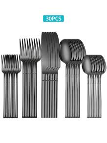 Stainless Steel Tableware Set, 5/20/30pcs Golden/Silver/Black Cutlery Set-Includes Dining Knives, Table Forks, Dining Spoons, Teaspoons And Dessert Forks, Forks For Salad/Appetizers/Dessert, And Mini Spoons For Coffee/Tea/Dessert/Cake/Stirring/Fruit/Ice Cream, Reusable Steak Knife, Soup Spoon, Teaspoon, Main Fork, Mini Forks
