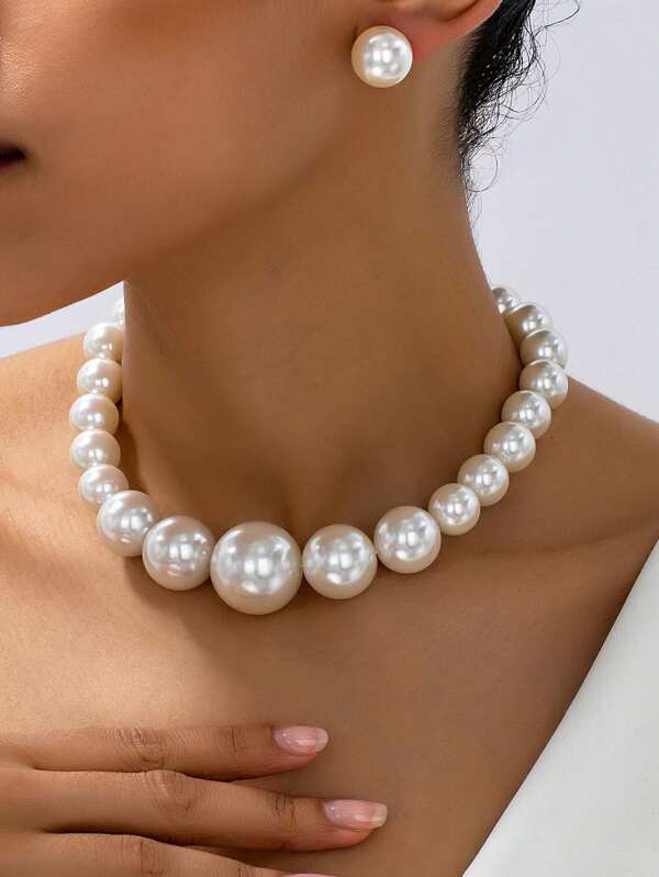 Luxury Elegant Faux Pearl Earrings & Necklace Jewelry Set, Suitable For Daily Wear, Parties And Gifting