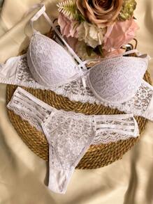 BARBI Microfiber Lace Set Sexy Lingerie Bra With Padded Bra And Thong Panties - 白色 - 查看 1