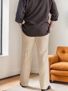 SANOPY Men's Solid Color Cotton And Linen Waist Drawstring Casual Pants, Loose Straight Pants - Beige - View 3
