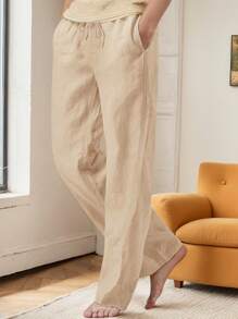 SANOPY Men's Solid Color Cotton And Linen Waist Drawstring Casual Pants, Loose Straight Pants - Beige - View 2