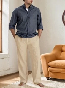 SANOPY Men's Solid Color Cotton And Linen Waist Drawstring Casual Pants, Loose Straight Pants - Beige - View 1