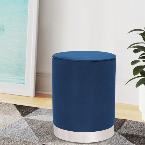 Round Ottoman Upholstered Velvet Vanity Ottoman Stool With Silver Trim Small Modern Ottoman Footrest For Living Room Bedroom