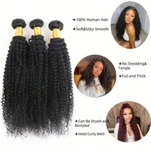 3/4 Bundles Afro Kinky Curly Human Hair Bundles 100% Unprocessed Curly Hair Bundles Soft Remy Hair Real Human Hair Extensions For Women Natural Color - Black - View 3