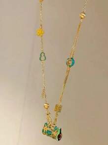 1 件复古宫廷风水滴釉花朵和平锁项链女士情侣周年纪念华丽珠宝礼物派对配饰 - 金黃色 - 查看 3