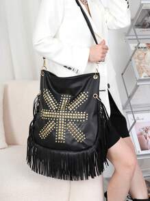 New Fashion, Simple, Versatile, Tassel Rivet Chain Tote Bag, Large Bag, Large Capacity, Portable Shoulder, Personalized Design, Rock Punk Biker Bag, Metal Armpit, Commuting, Shopping And Travel Black
