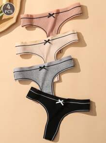 4pcs Japanese Style Ribbed Bowknot Thong Panties, Breathable Crotch Sexy Lift Hip Triangular Ladies Underwear